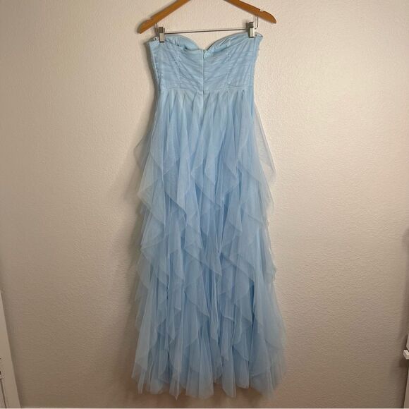 Lulus Delightful Beauty Blue Mesh Strapless Ruched Ruffled Maxi Dress Medium - Picture 6 of 6